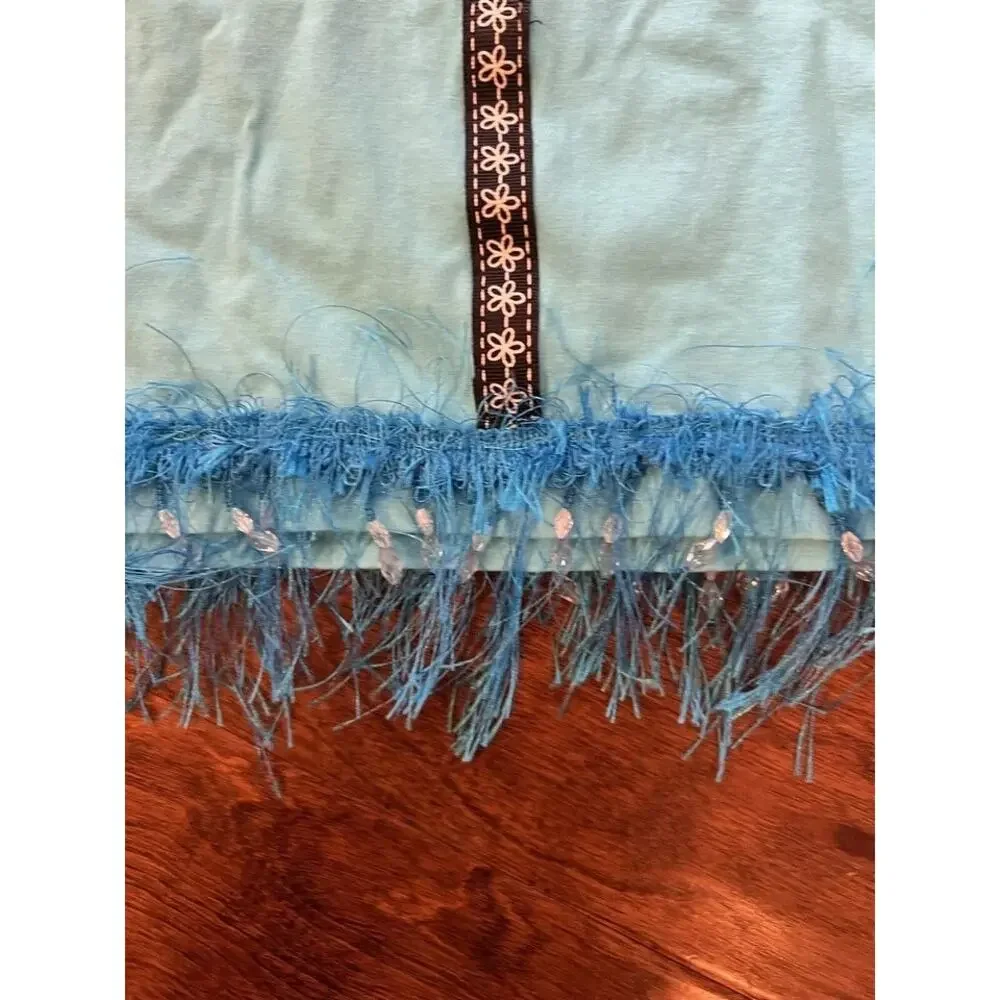 Vintage LAT‎ XL Blue Flower Beaded Tassel Pocket Tee T-Shirt
